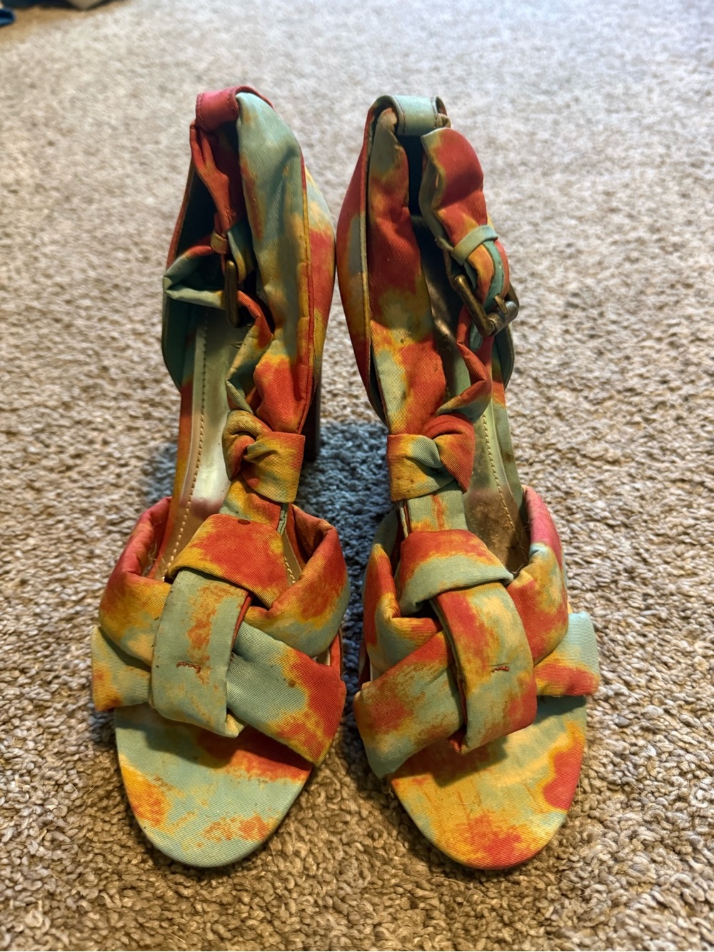 Vince Camuto Multicolor Tie-Dye Knotted Strap Heels - Teal, Orange, Yellow
